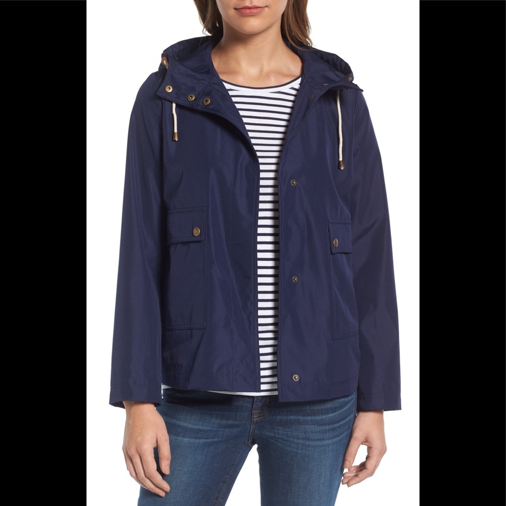 Caslon Short Hooded Navy Blue Rain Coat Jacket S